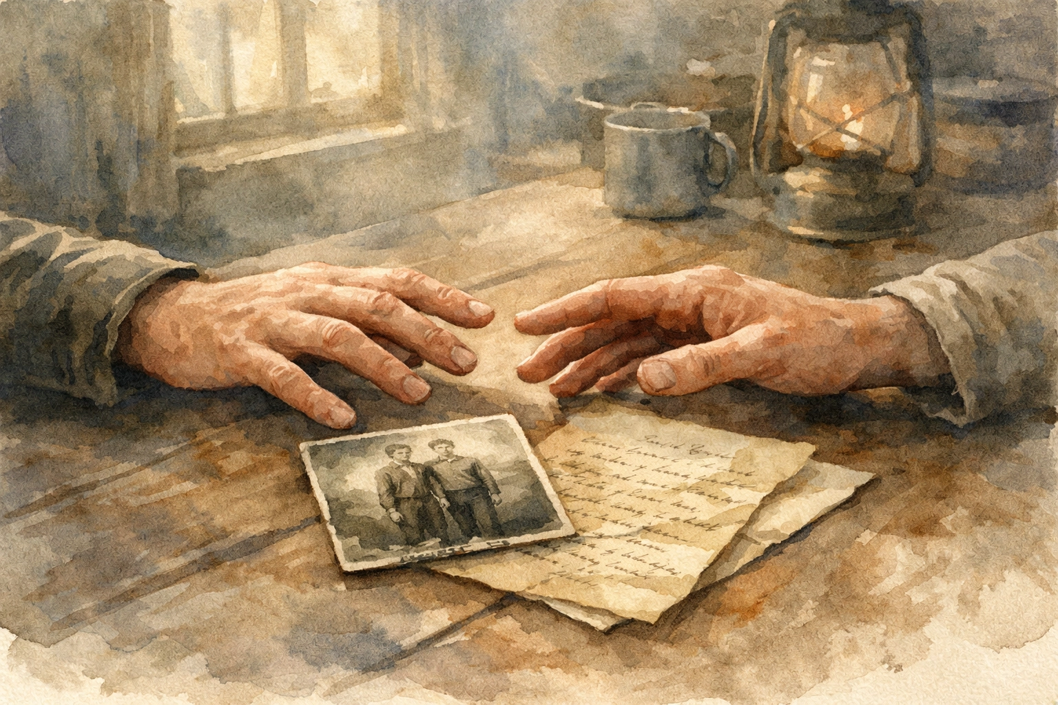 Hands reaching across table with old photo symbolizing gay lovers searching after WWII