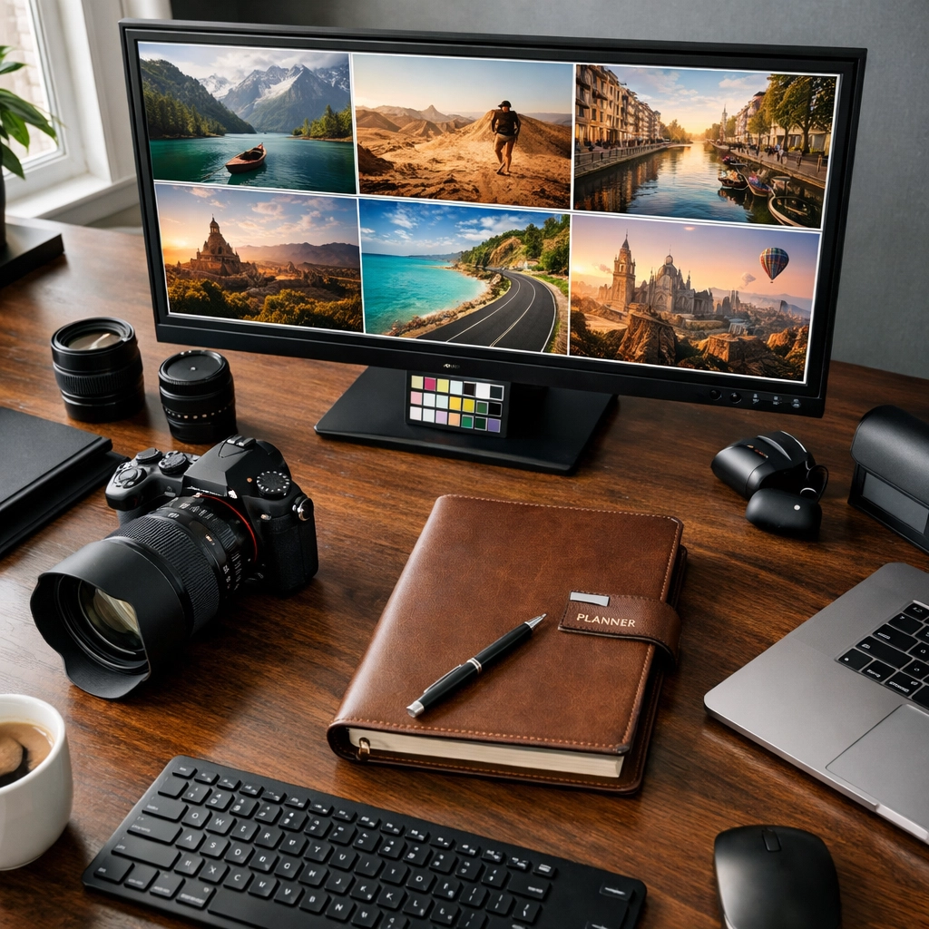 A professional photographer workspace with gear and monitor for a successful photography career.