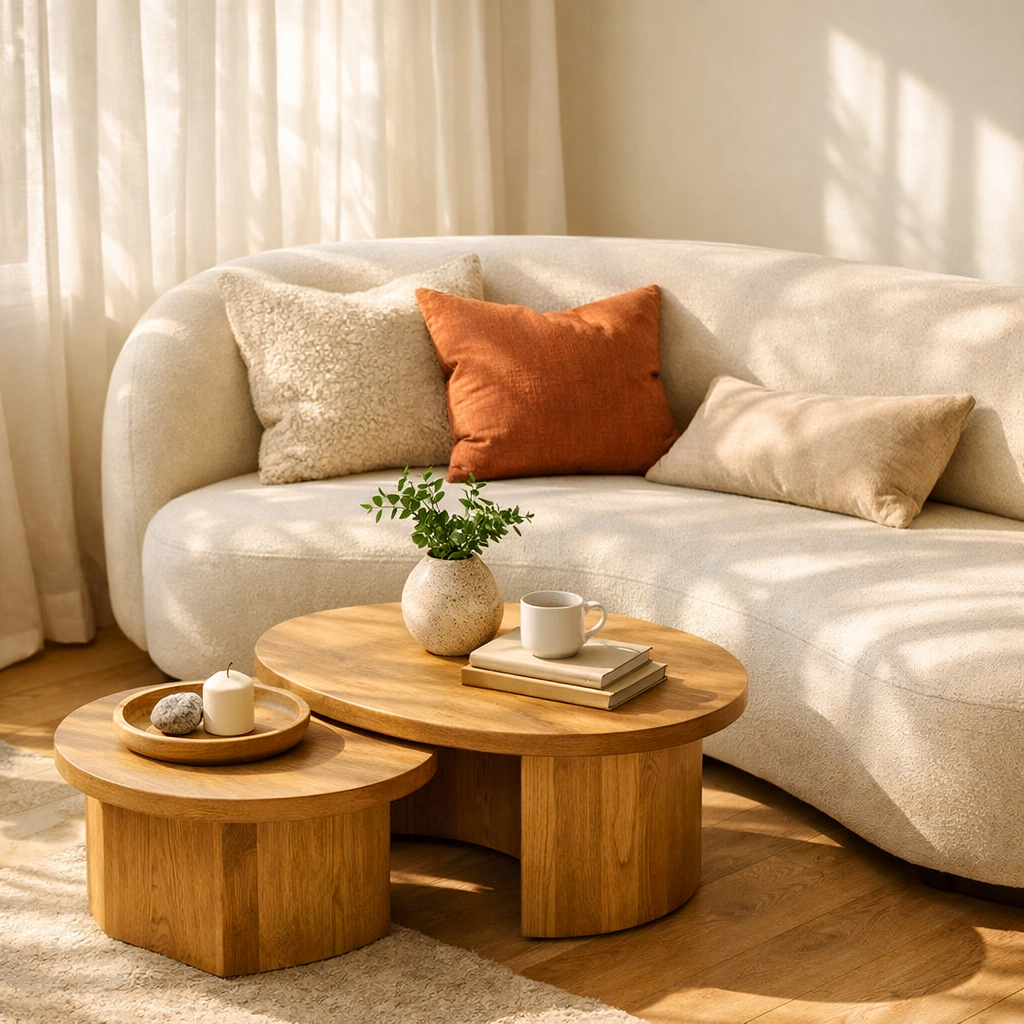 Curved cream sofa with rounded coffee tables creating a cozy, inviting living room corner
