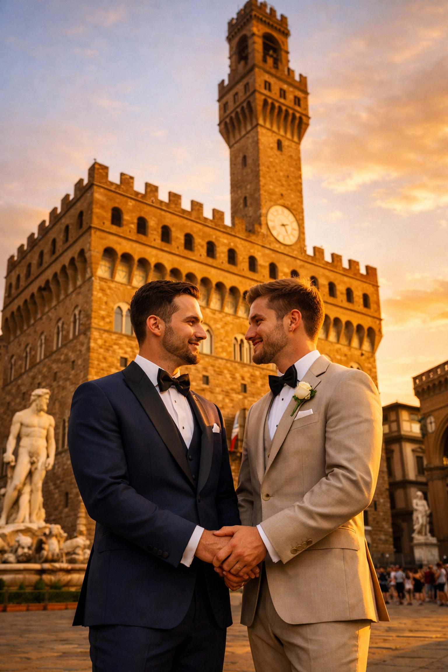 Gay grooms holding hands at Palazzo Vecchio in Florence for their Renaissance wedding ceremony