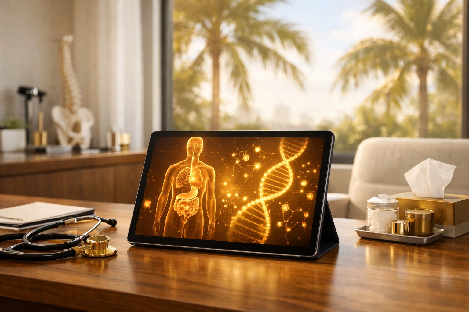 Modern medical consultation room in West Palm Beach featuring a metabolic health display for personalized weight loss.