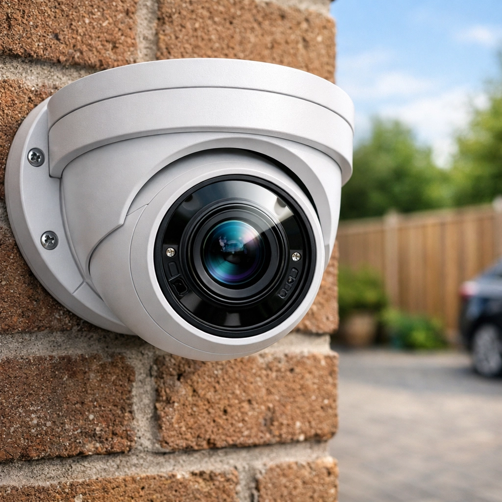 High-definition NVR IP security camera mounted on a brick wall providing reliable property protection.