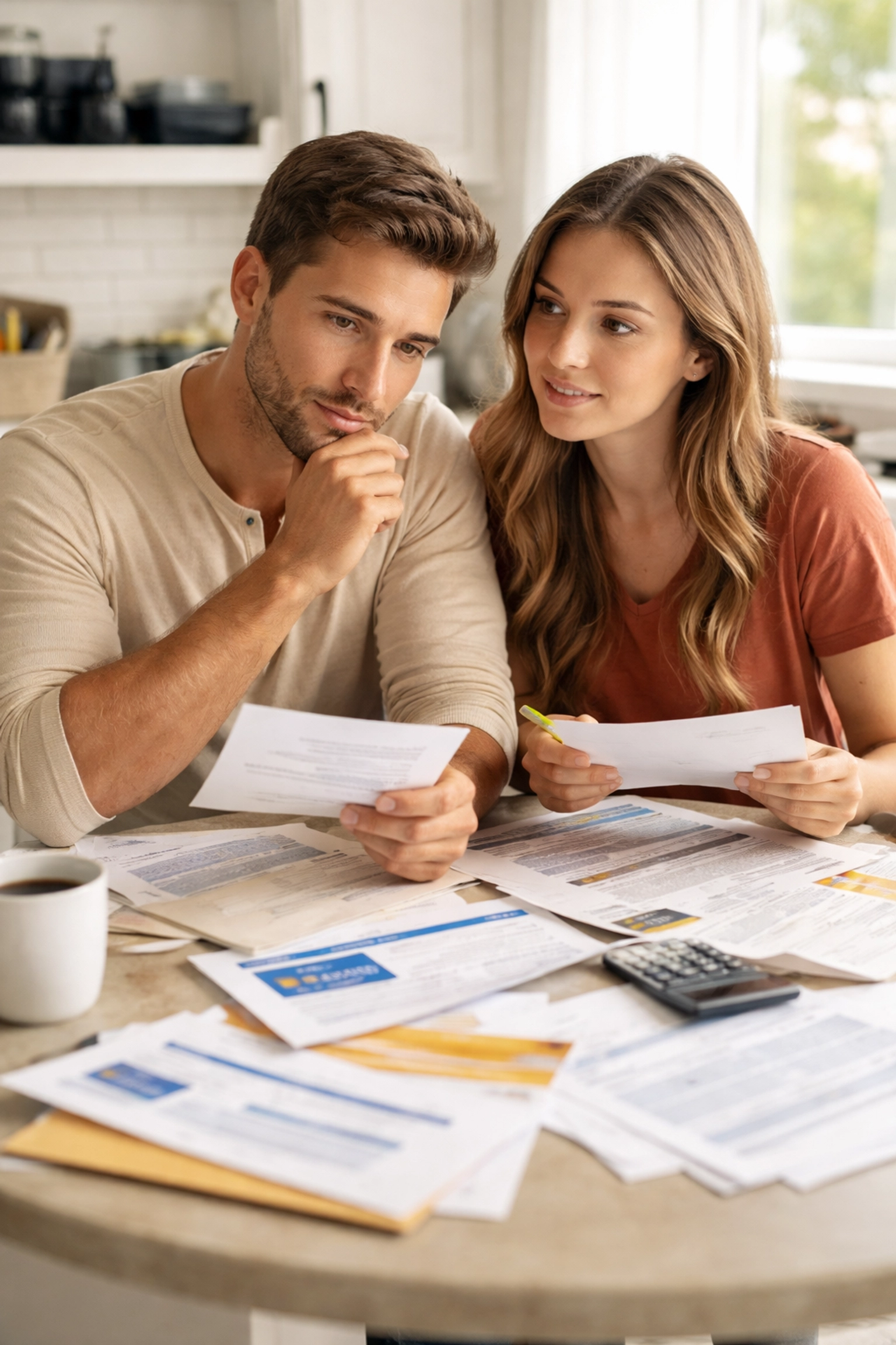 Texas couple reviewing multiple credit card offers and loan documents at their kitchen table