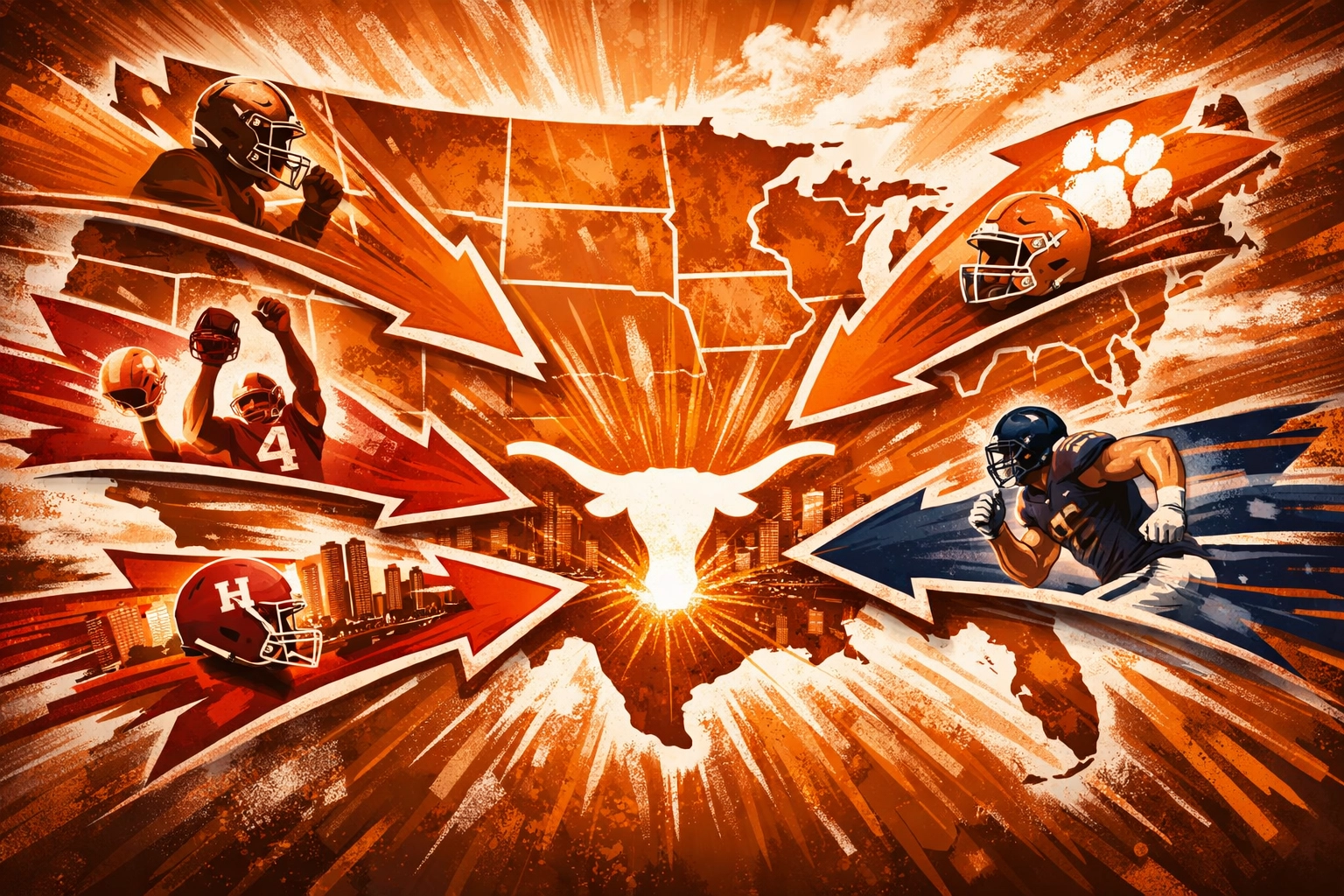 Transfer portal map showing talent movement from Alabama, Houston, and Clemson to Texas