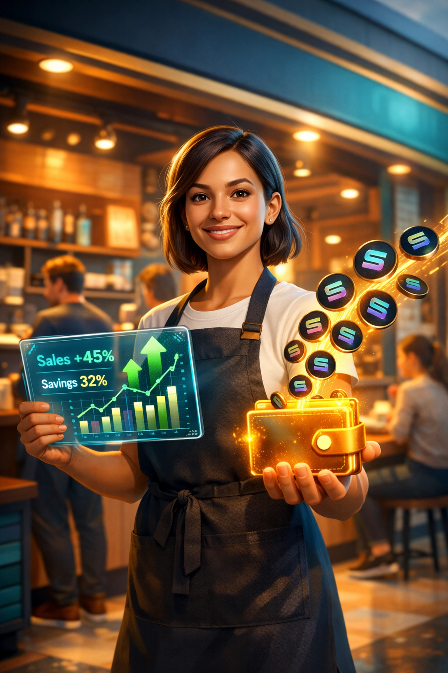 Small business owner managing crypto POS payments with real-time savings data and digital wallet