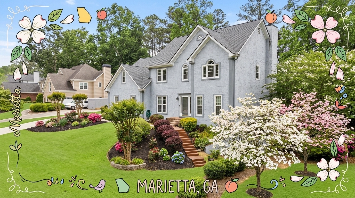 Traditional Marietta home with dogwood trees and colorful frame accents Traditional Marietta home with dogwood trees and colorful frame accents