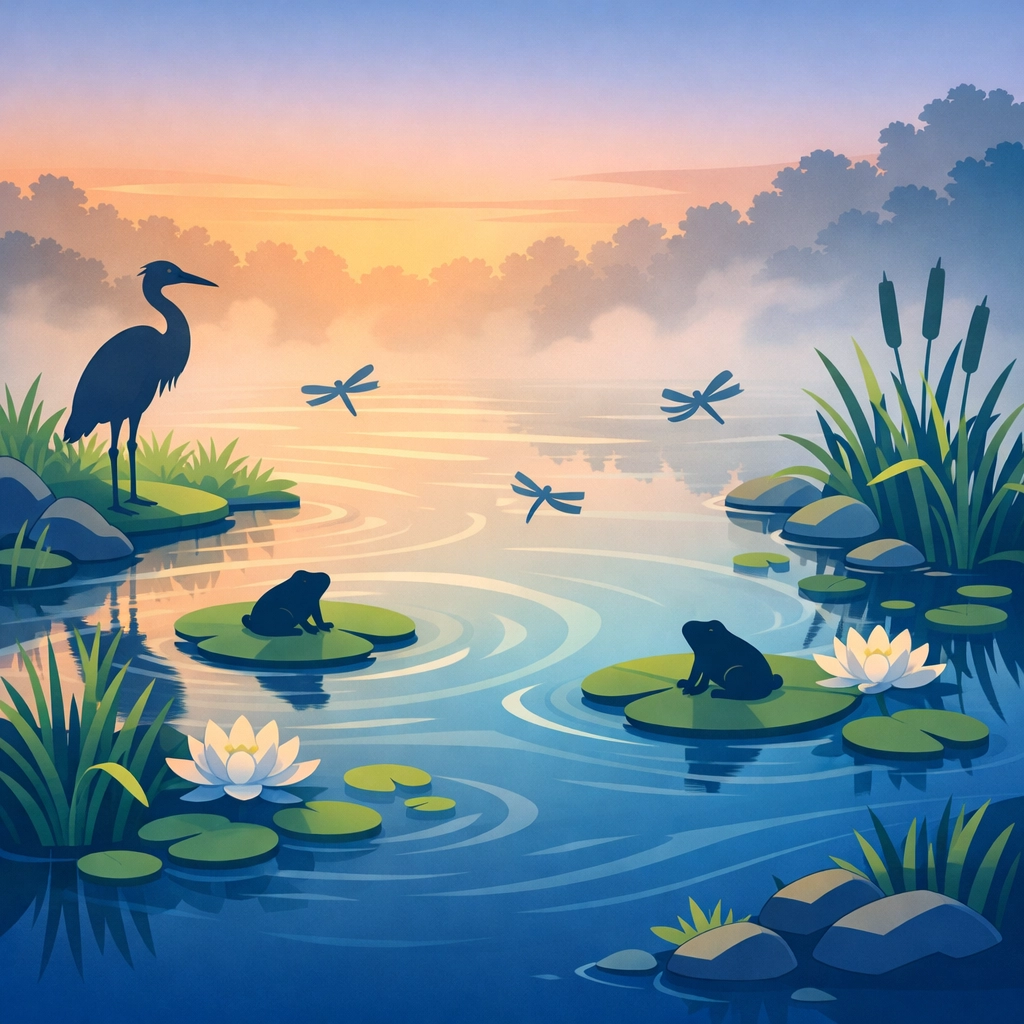 Garden pond ecosystem with wildlife including dragonflies, plants and water features