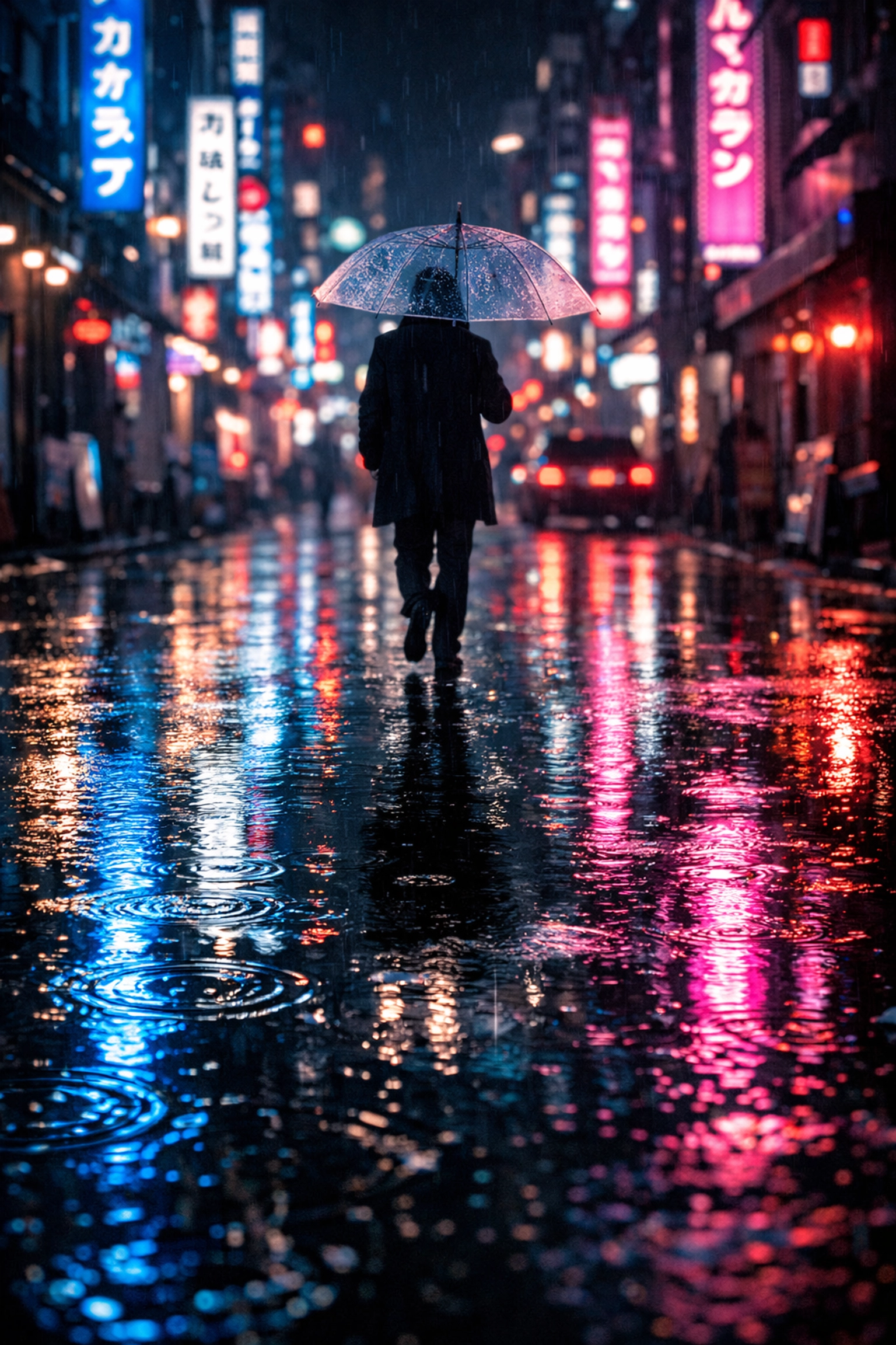 Vibrant neon reflections in street puddles on a rainy night showing creative street photography ideas.