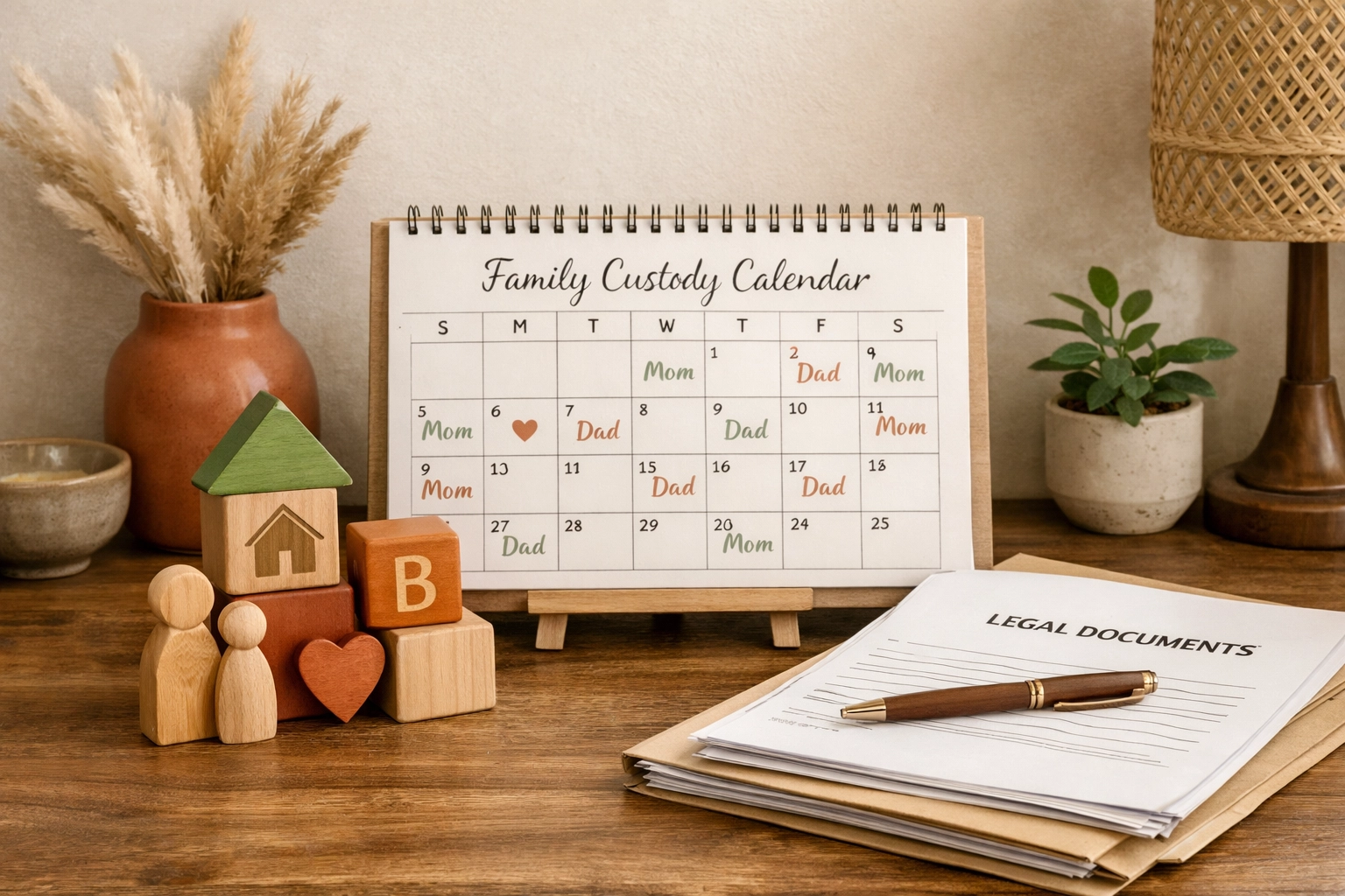 Children's blocks, a family calendar, and legal papers arranged to reflect Virginia custody factors and family safety.