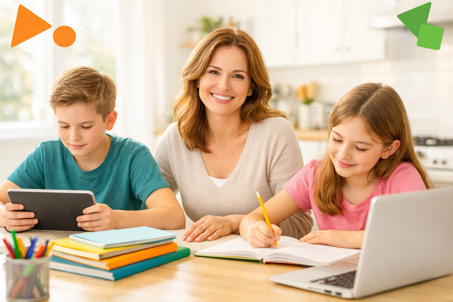 Homeschooling mother teaching children life skills at kitchen table with laptops and notebooks