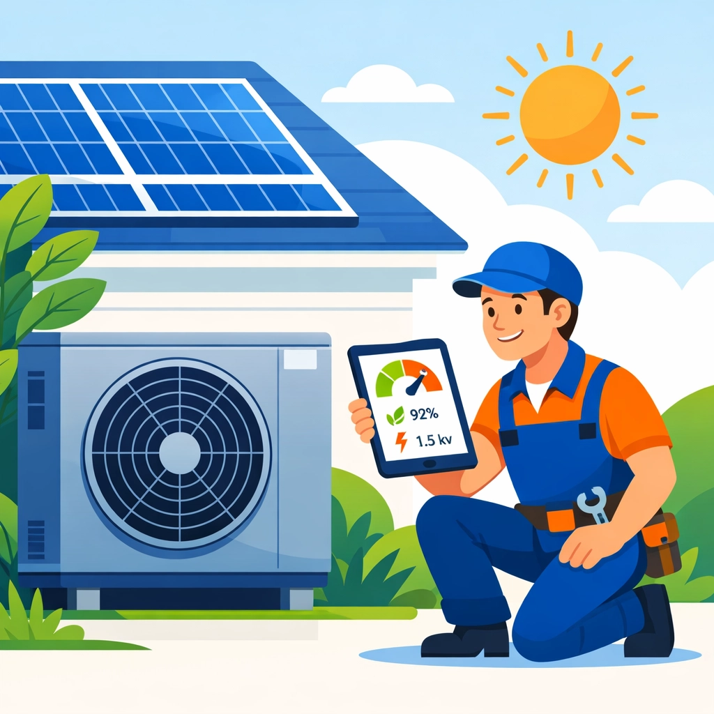 HVAC technician installing energy-efficient heat pump with solar panels on eco-friendly home