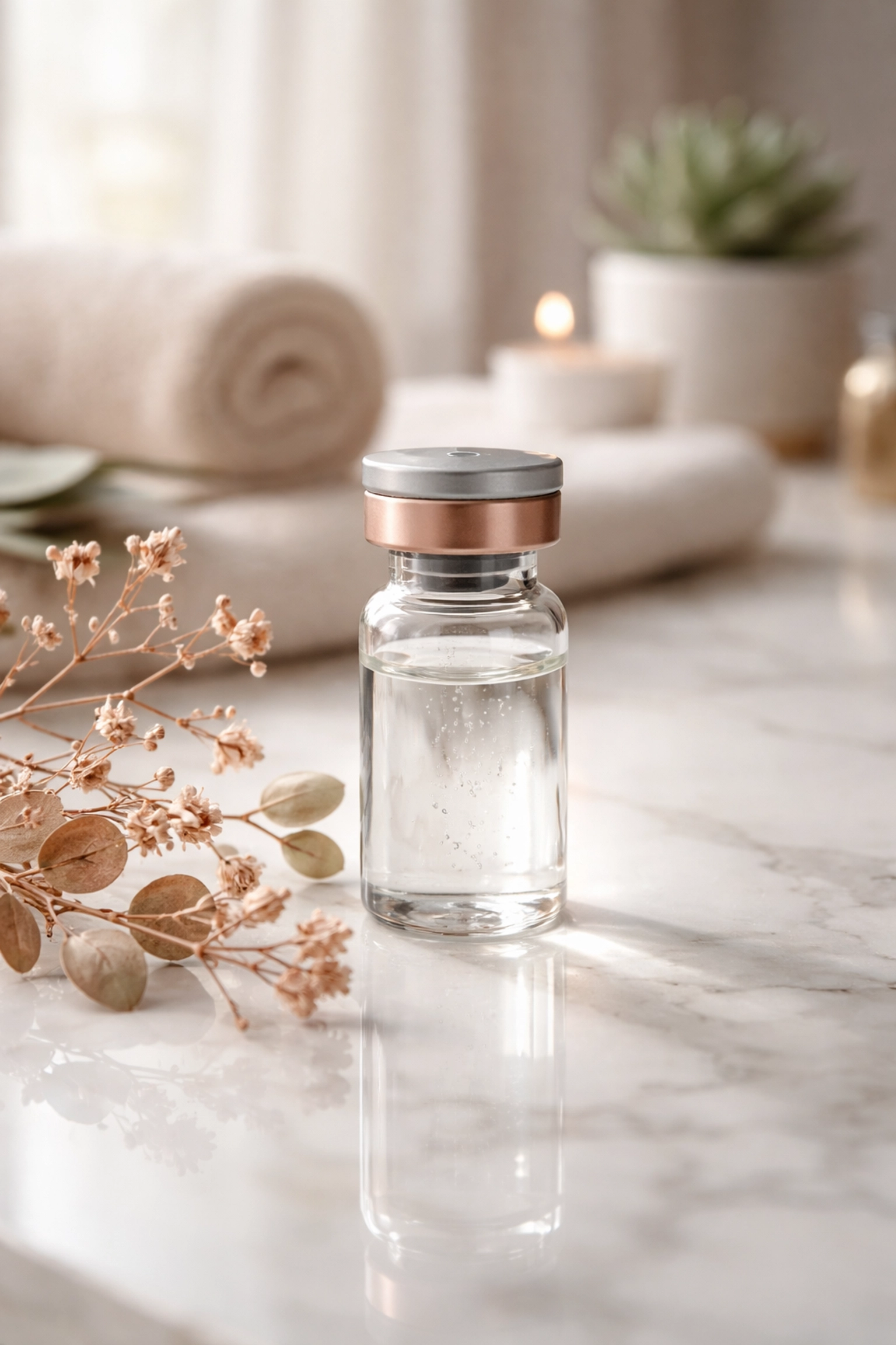 Glass vial of peptide serum in a spa setting, representing luxurious anti-aging and skin rejuvenation treatments