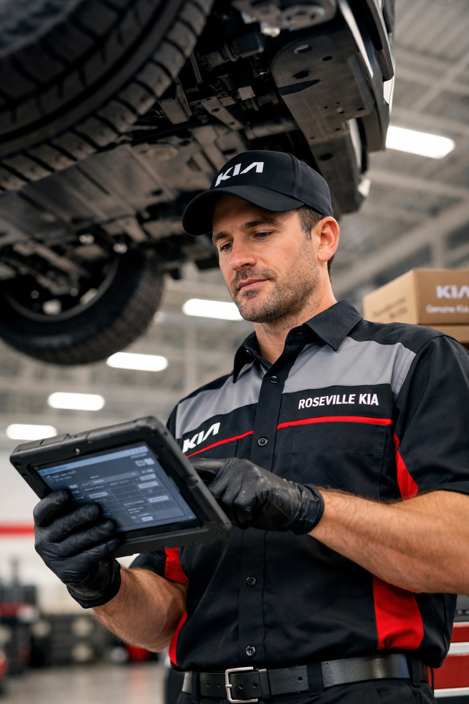 Certified technician at a Roseville kia dealer sacramento using genuine parts for expert vehicle maintenance.