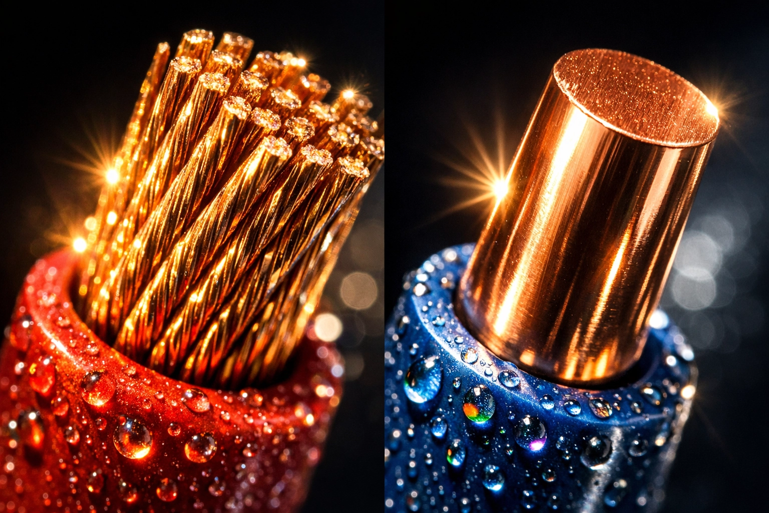 Close-up comparison of stranded versus solid copper speaker wire conductors