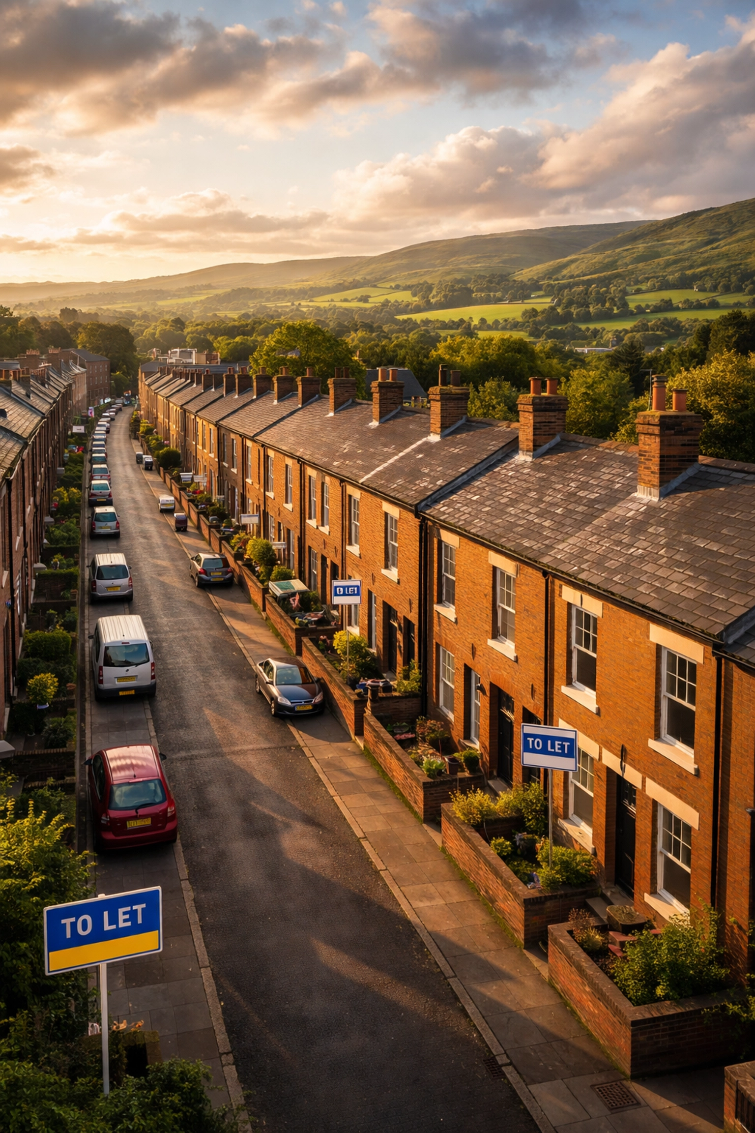 Aerial view of Oldham terraced houses with 'To Let' signs, illustrating buy-to-let property investment potential.