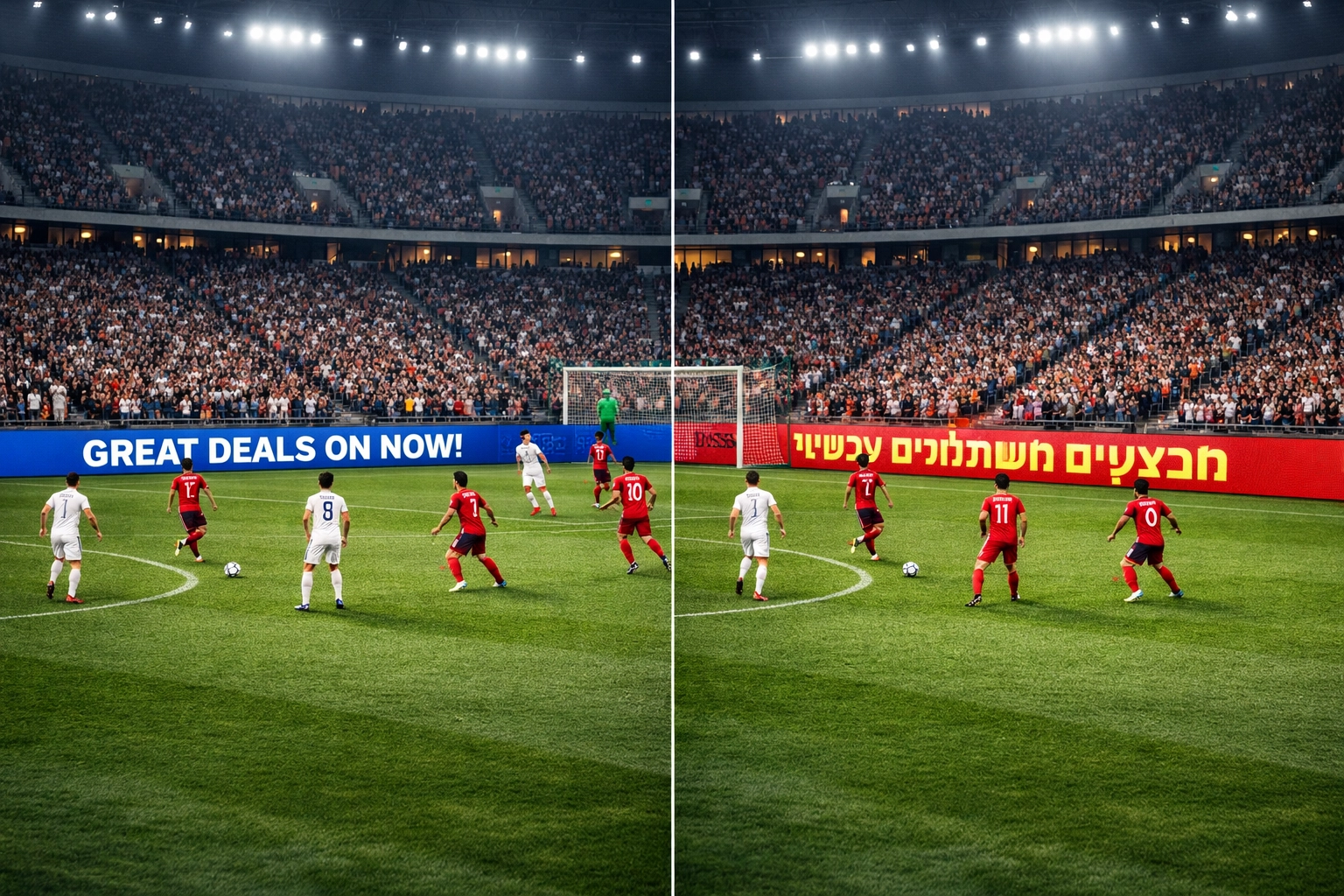 Split-screen comparison showing different perimeter board advertisements for targeted audiences