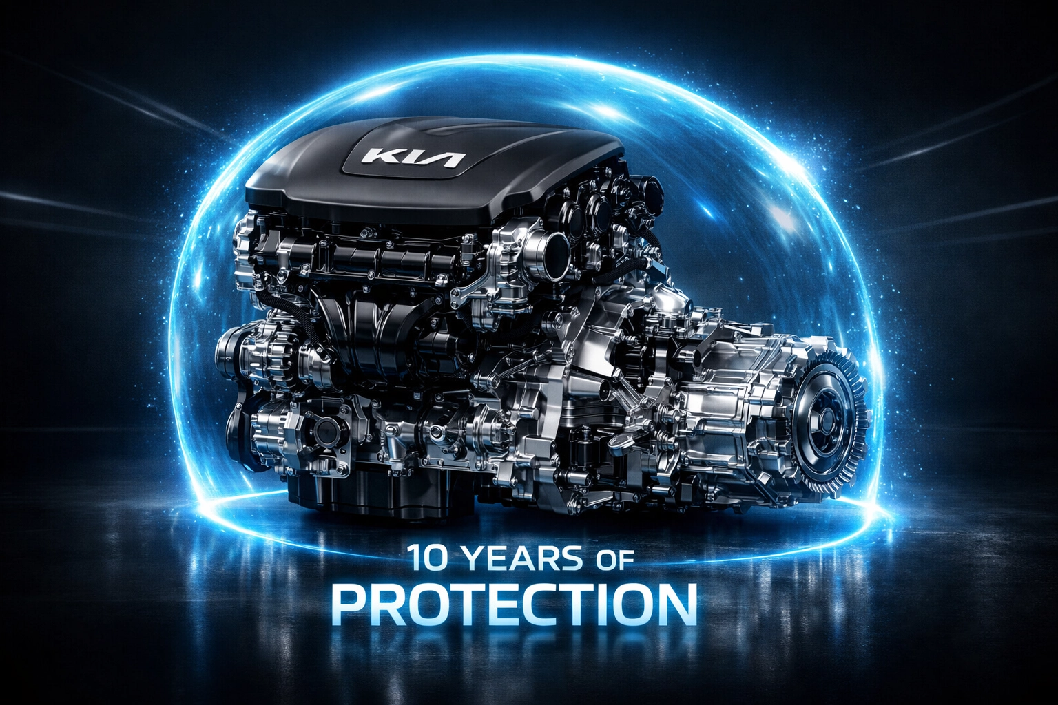Modern Kia engine and transmission showing the protection of the 10-year powertrain warranty at Roseville Kia.