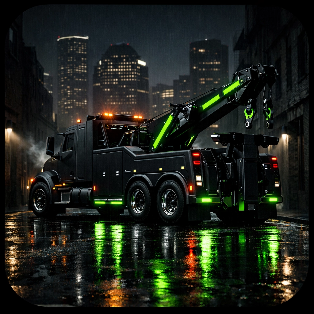 Professional tow truck in downtown Houston for cheap towing near me search leads.