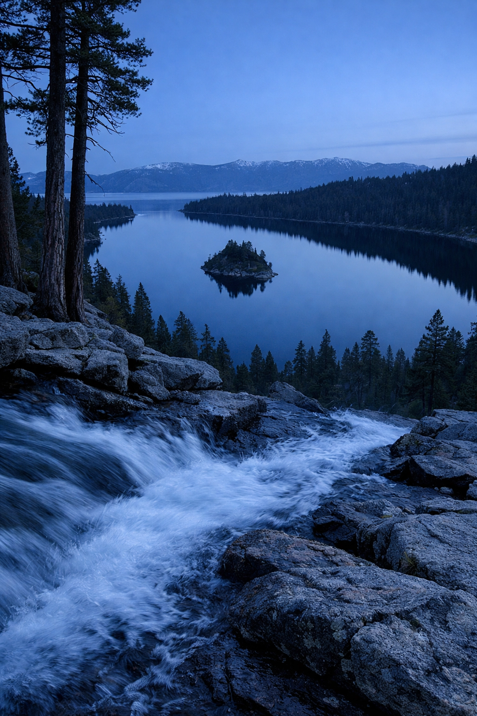 Sunrise over Emerald Bay in Lake Tahoe featuring Fannette Island and mountain reflections in calm water.