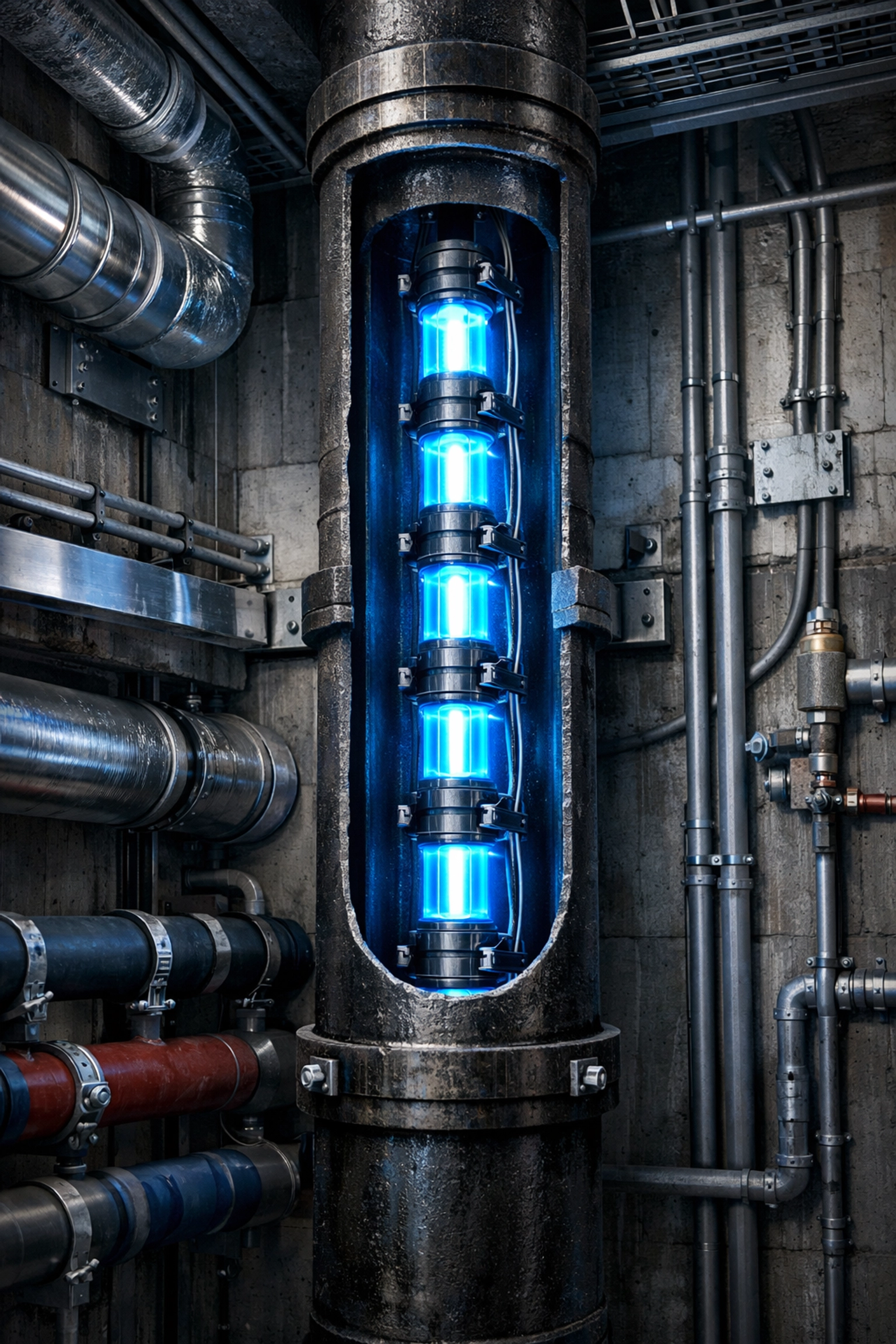 UV-C light curing system repairing a vertical commercial sewer line stack inside a building.