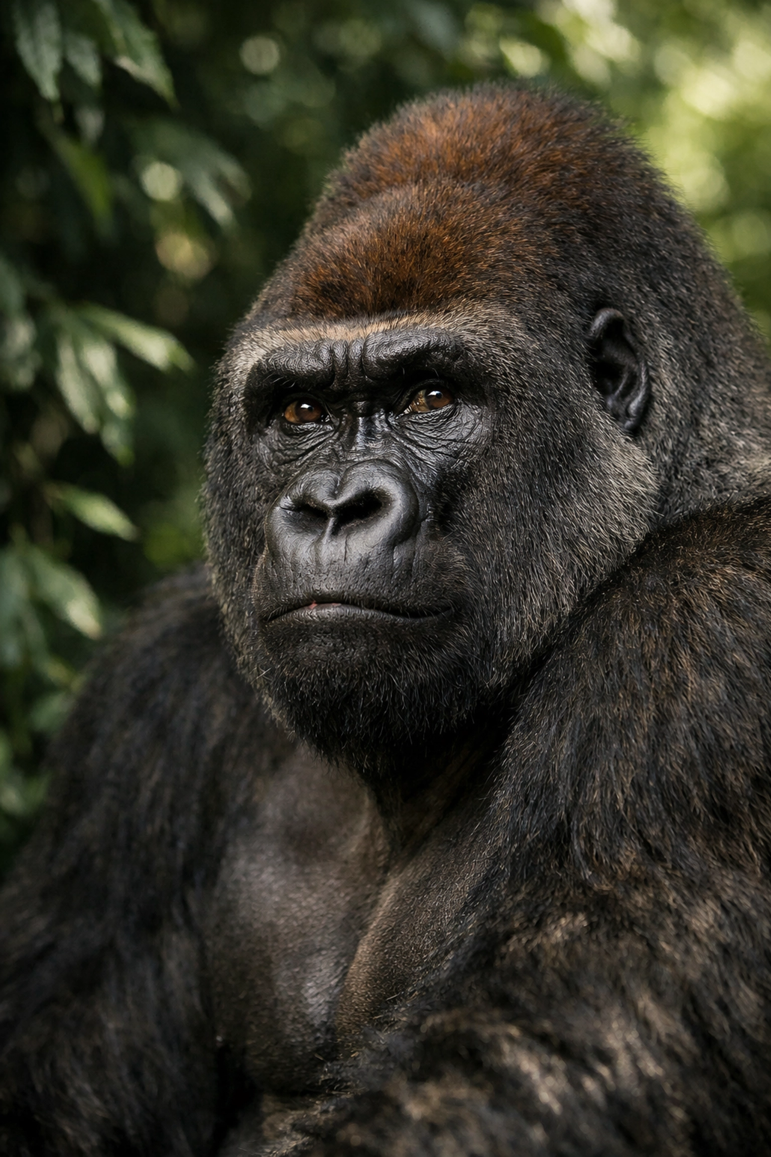 Authentic professional wildlife photography of a gorilla for a zoo's visual brand identity.