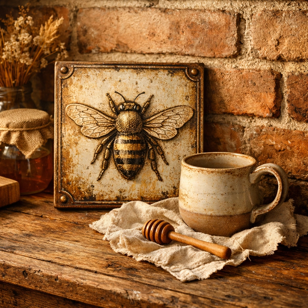 Rustic kitchen decor featuring an artisan bee tin sign and handcrafted ceramic tableware.