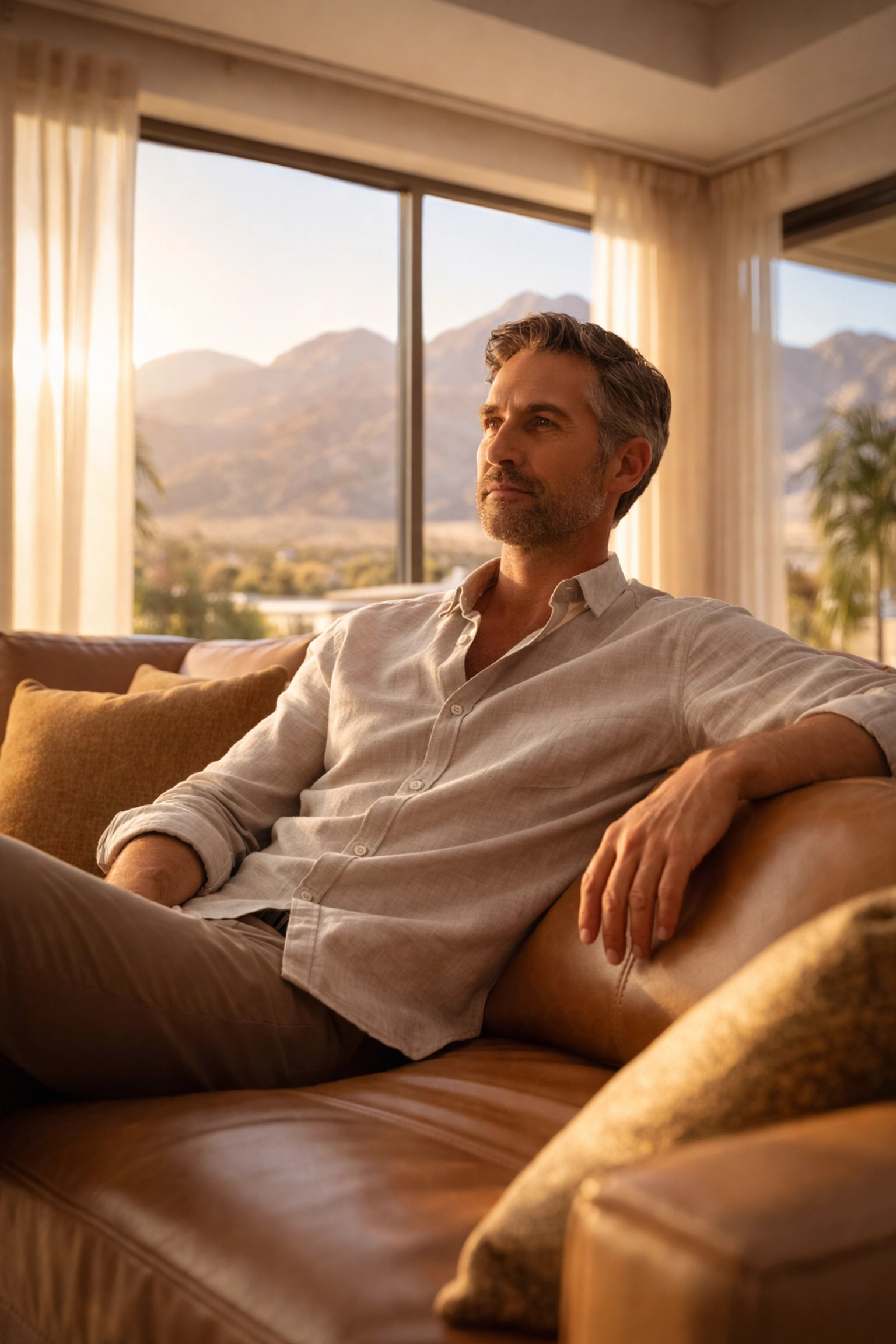 Middle-aged man relaxing in a bright Las Vegas home, reflecting on low testosterone treatment options