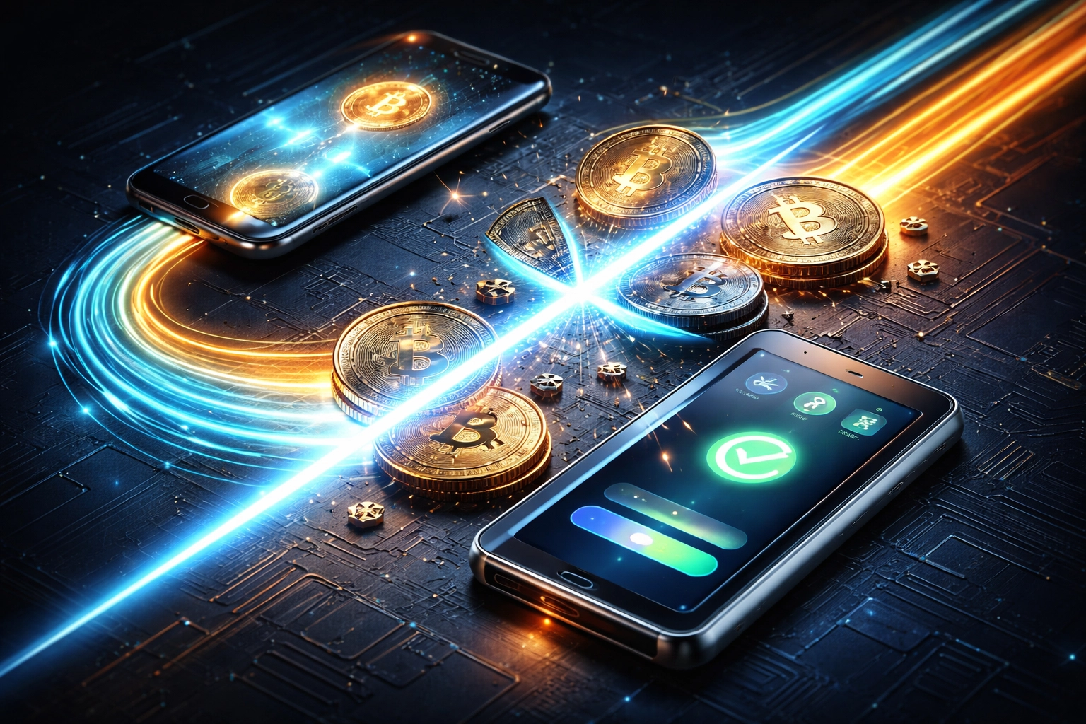 Illustration of a digital crypto POS terminal with coins and fees being cut in half, highlighting Larecoin's reduced interchange fees.
