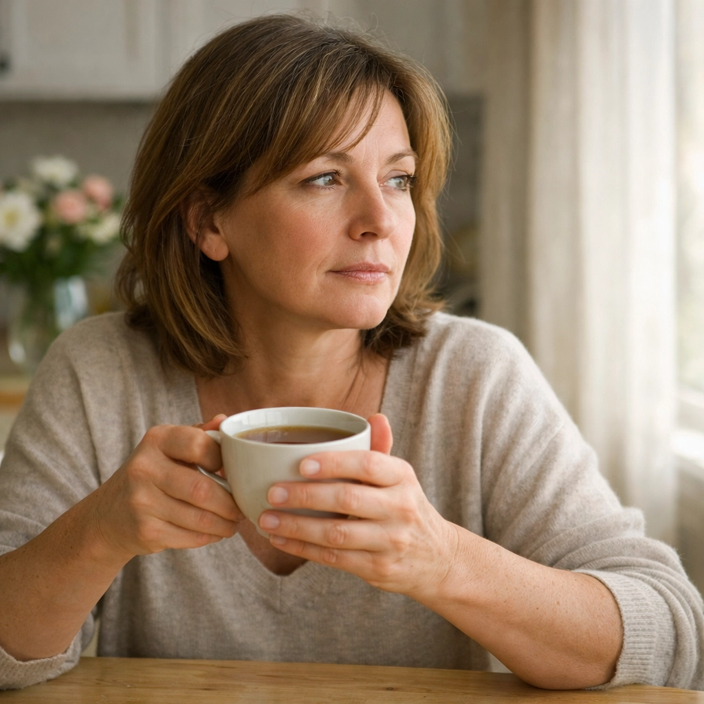 Midlife woman feeling contemplative about perimenopause symptoms while drinking tea at home Midlife woman feeling contemplative about perimenopause symptoms while drinking tea at home
