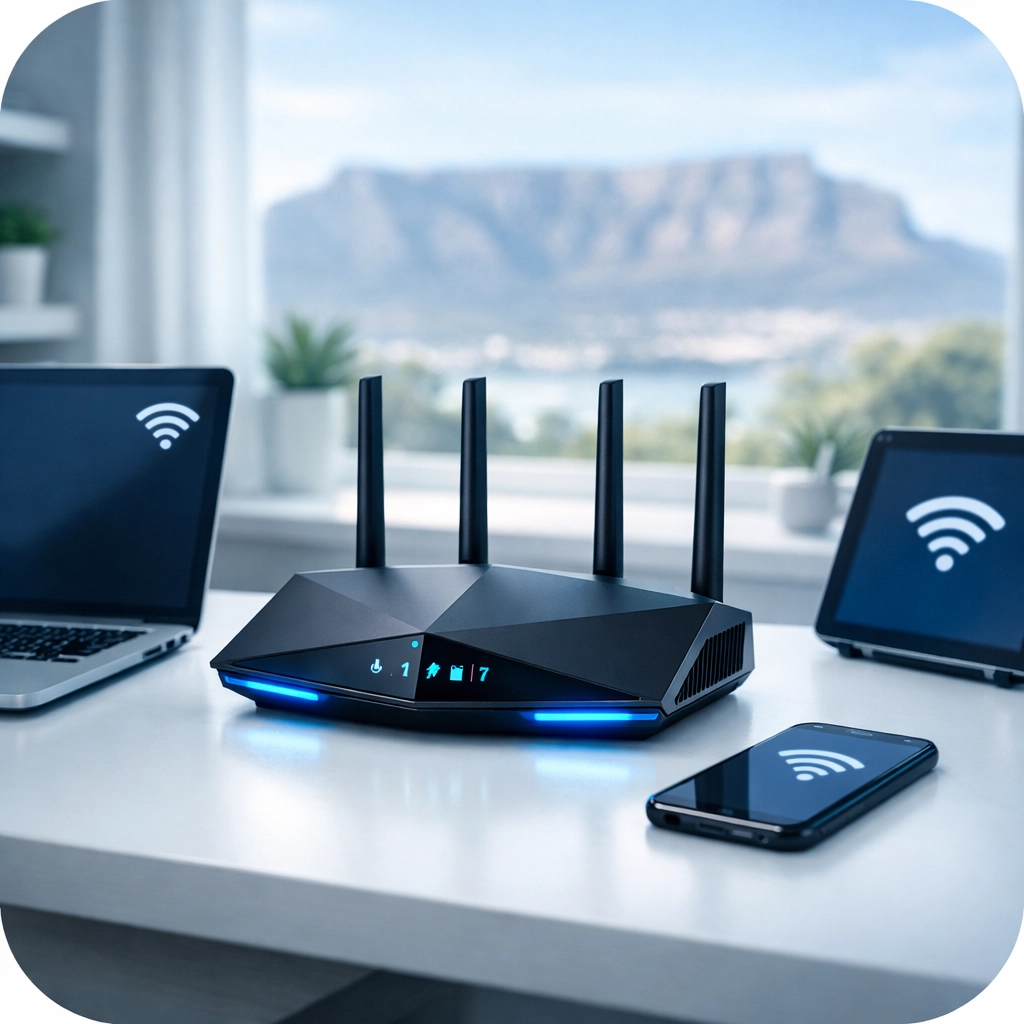 Wi-Fi 7 router with multiple connected devices in modern Cape Town home office