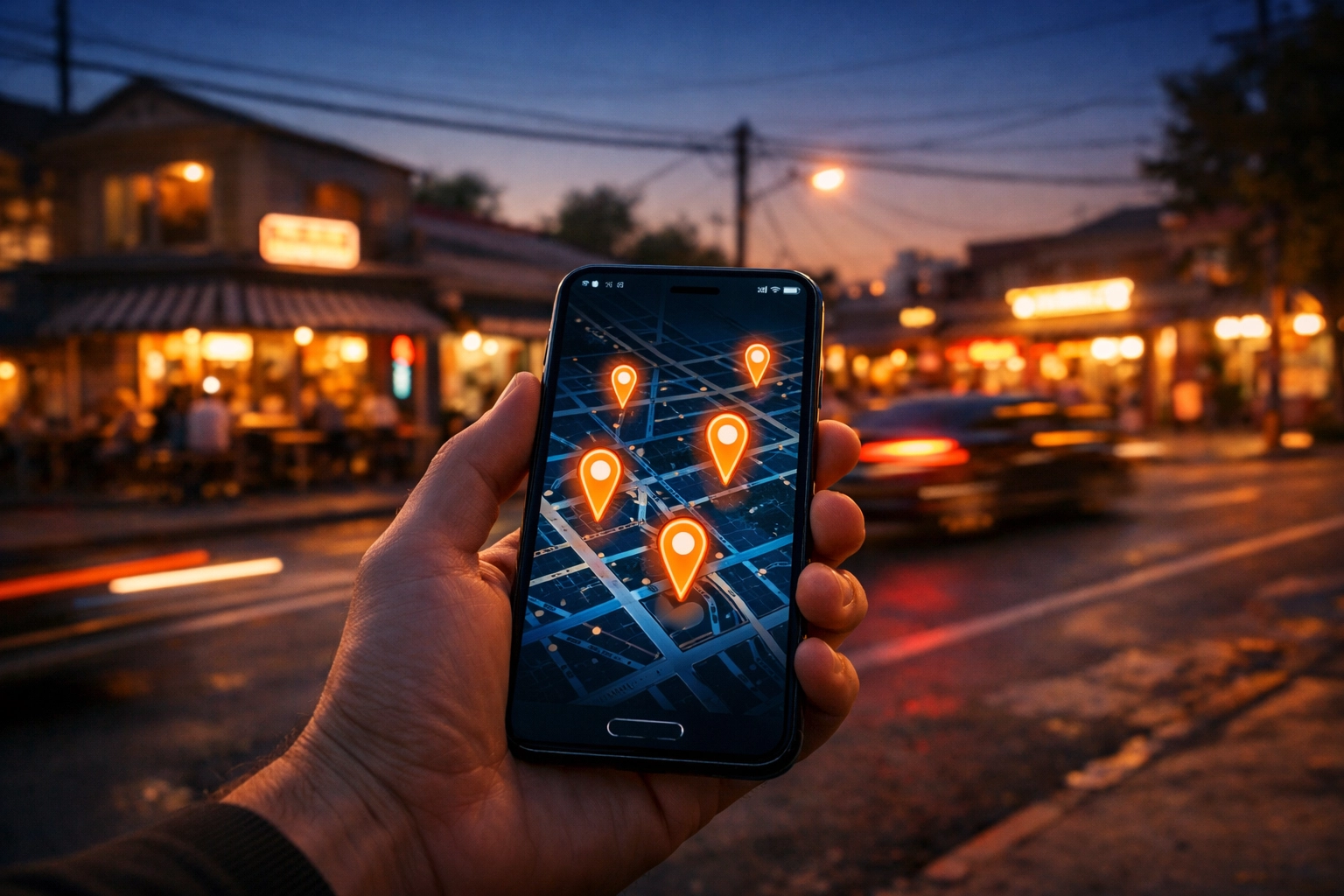 Local SEO services demonstrated with a smartphone map showing digital pins for small business visibility.