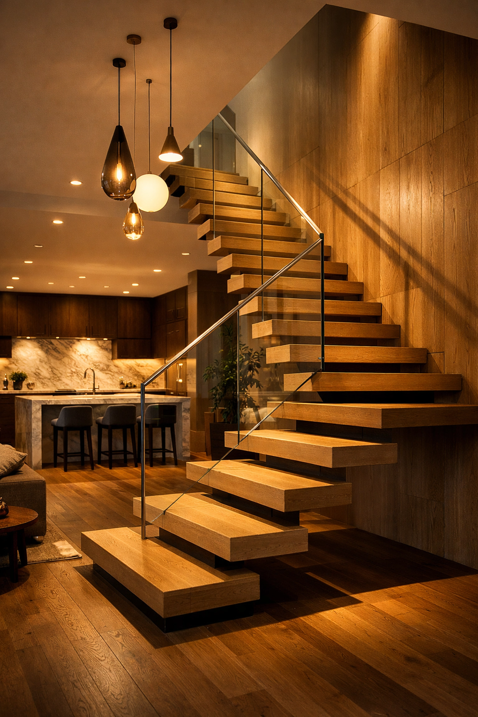 Open-plan ground floor with a modern floating staircase after a bungalow second-floor addition.
