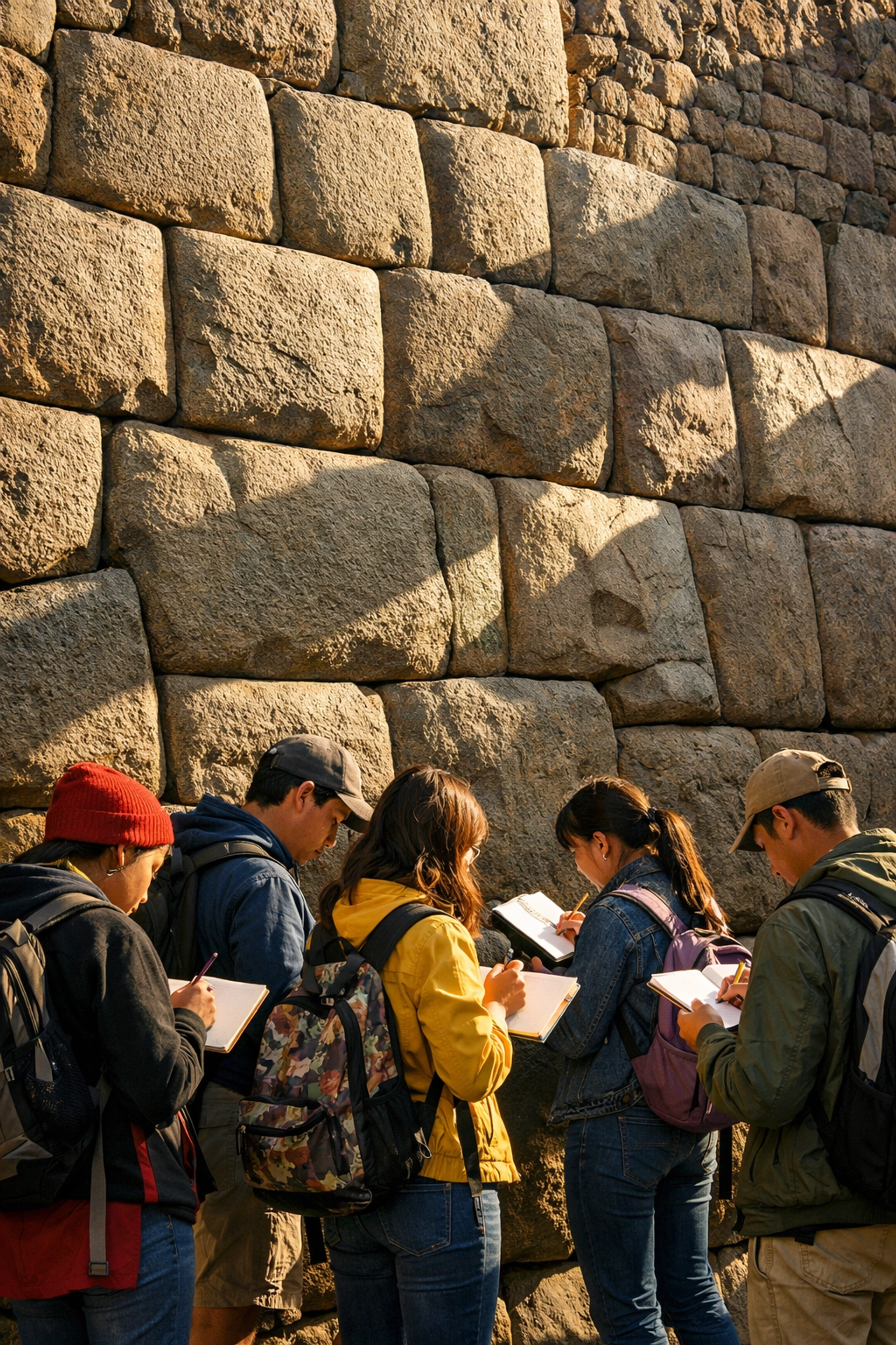 Student group exploring ancient Incan ruins in Cusco during educational Peru history expedition