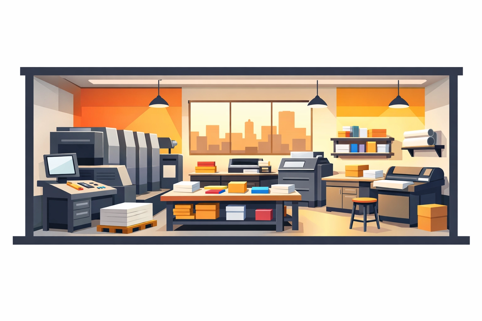 Commercial print shop interior layout with equipment and work areas