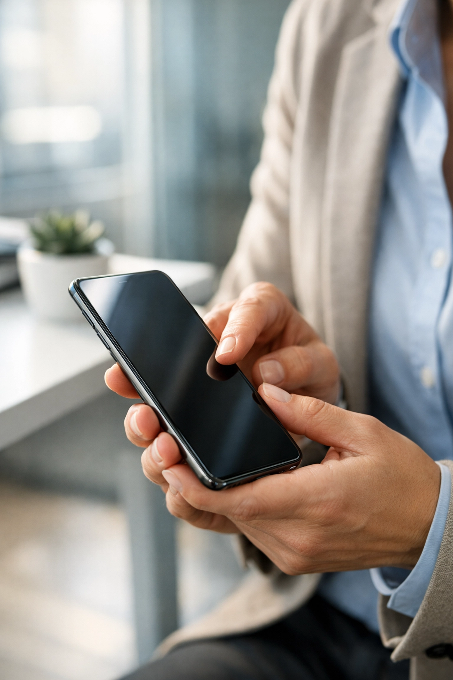 Property manager using mobile technology to coordinate vetted cleaning service providers in a modern office.