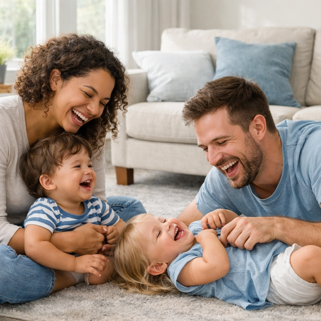 Happy young family in a sunlit living room showing the security provided by a life insurance policy.