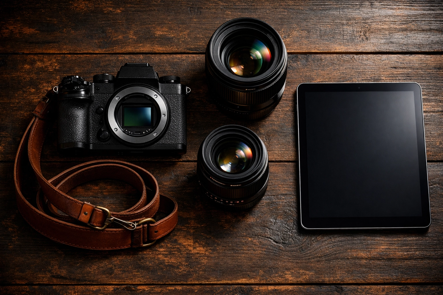 A professional flat-lay of mirrorless camera gear and lenses used for high-end photography delivery.