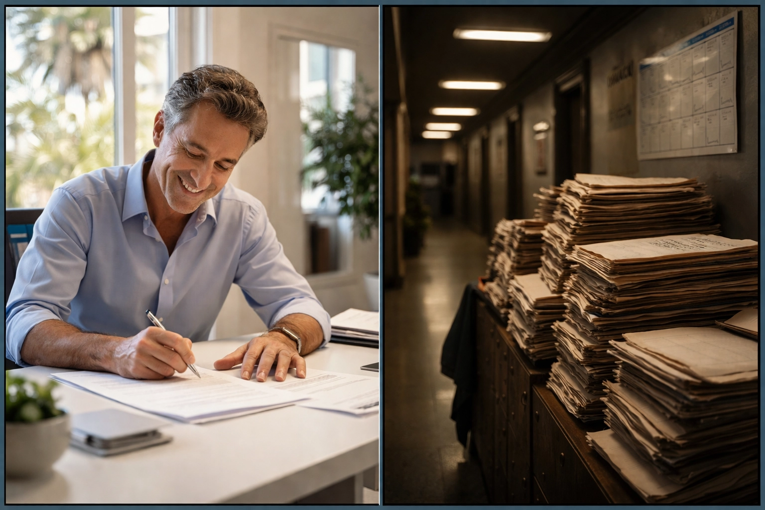 Split image showing a fast trust sale in a bright LA escrow office beside a slow probate process in a crowded courtroom. Split image showing a fast trust sale in a bright LA escrow office beside a slow probate process in a crowded courtroom.