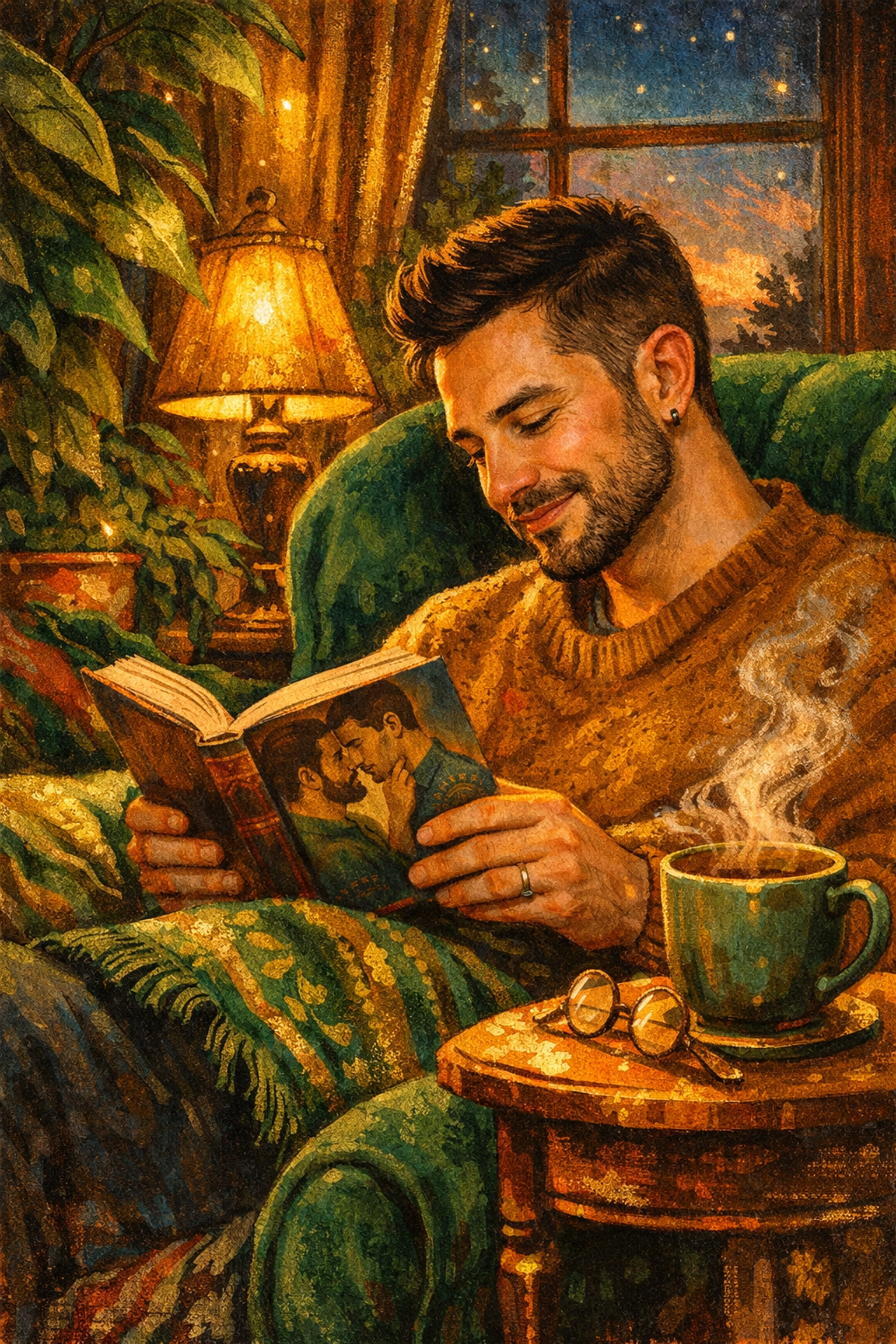 A gay man reading a book at home, emphasizing the importance of queer joy and self-care for professional well-being.