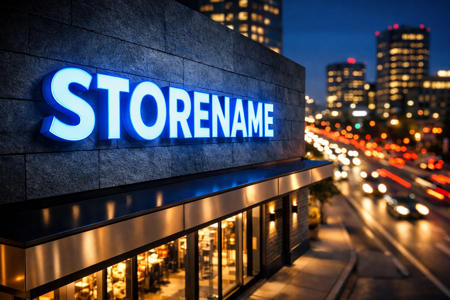 Vibrant blue LED channel letter sign on a modern Dallas retail building at dusk.