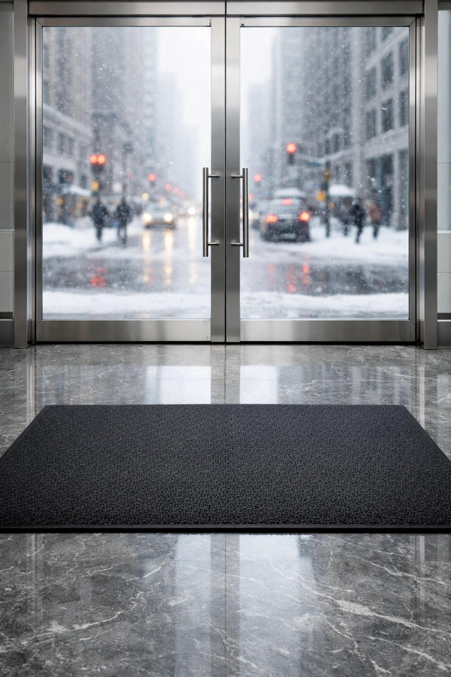 Clean luxury office building entryway in a snowy Midwest city showing salt-free polished marble floors.