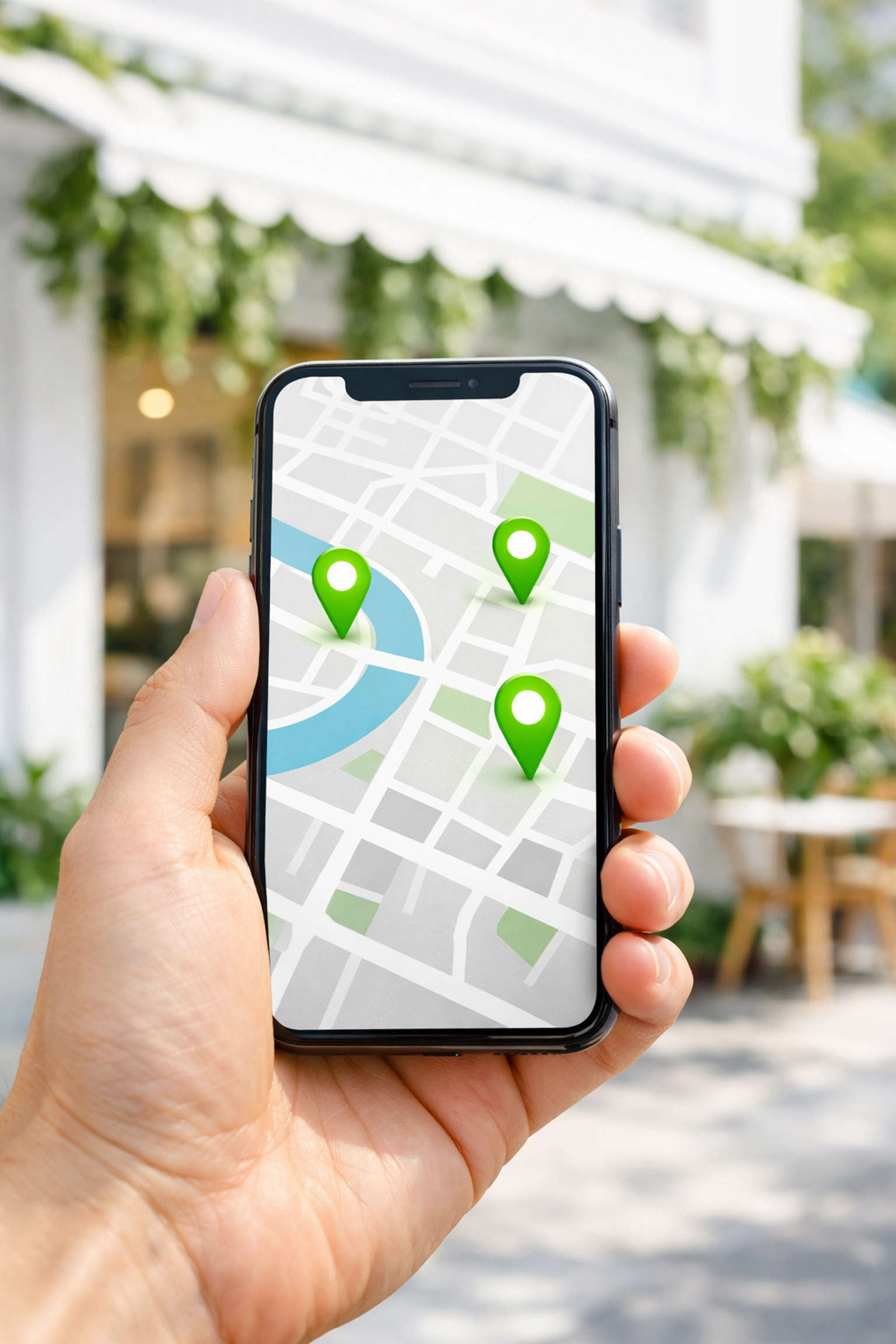 Smartphone showing local SEO map markers in front of a storefront, highlighting local search optimization.