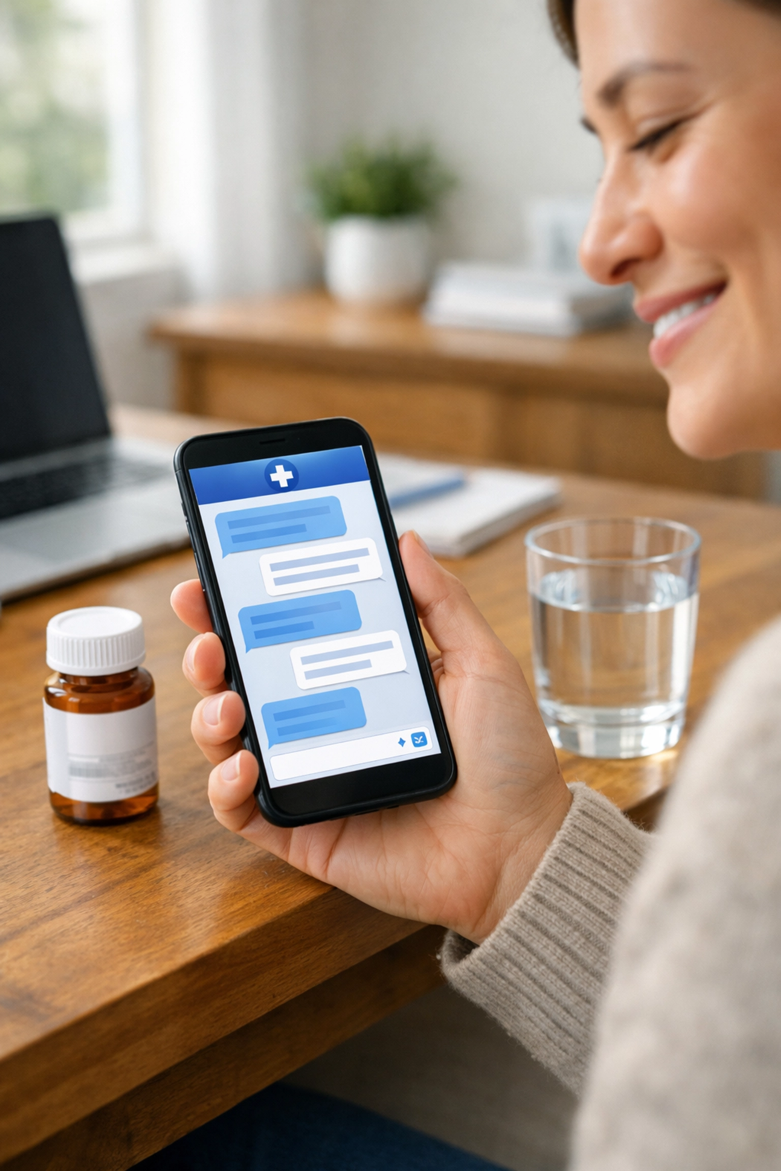 Patient using secure medical messaging on a smartphone to receive an online UTI prescription.