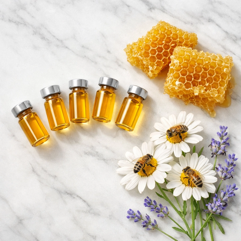 Pure bee venom vials with honeycomb and bees on flowers showing quality apitherapy ingredients