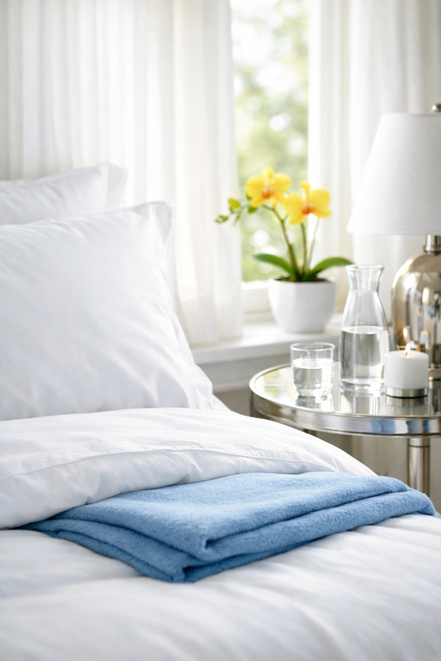 A clean, sunlit bedroom sanctuary maintained by expert cleaners for hire for property management cleaning services MA.