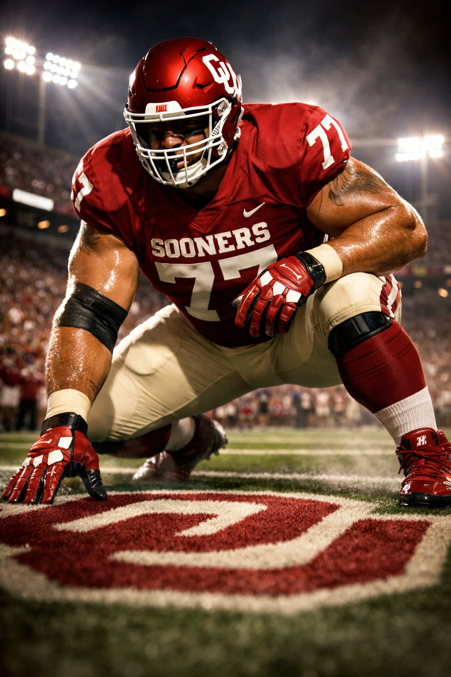 Oklahoma Sooners offensive lineman in three-point stance demonstrating proper technique on football field