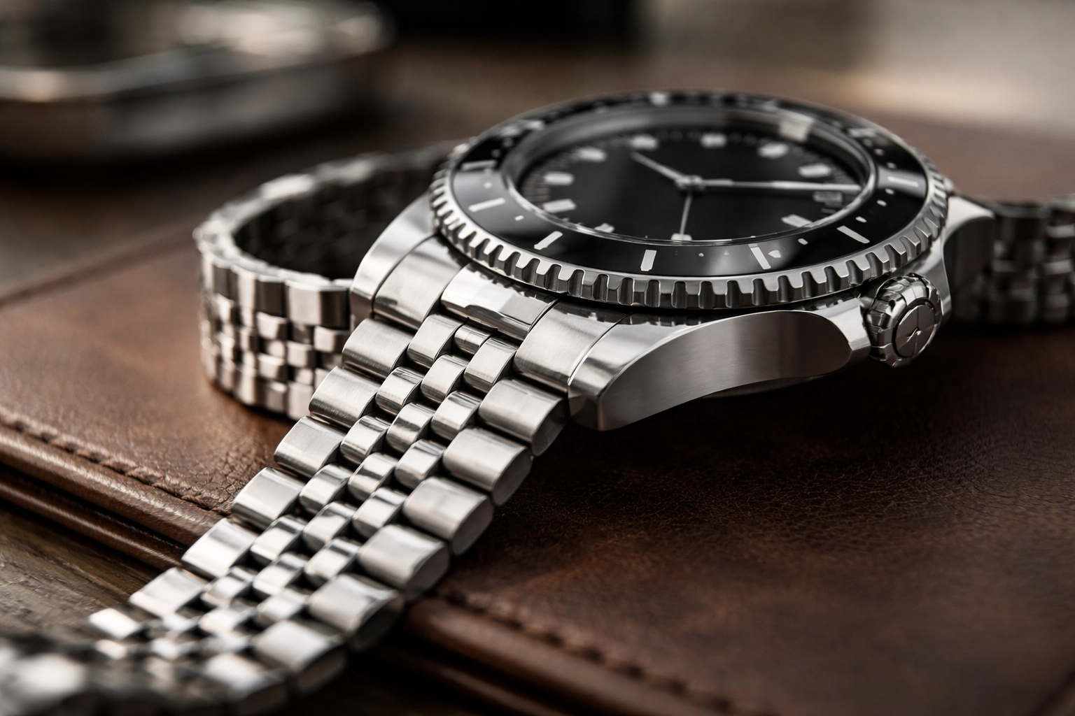 Flat Jubilee bracelet integrated seamlessly into the Oyster-style case, photographed at an angle in natural soft light with shallow depth of field