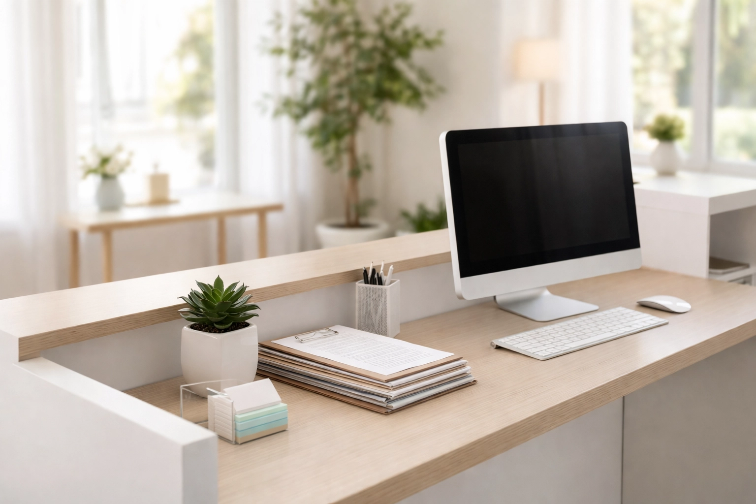Modern therapy clinic reception desk organized for efficient workflow and reduced administrative burden