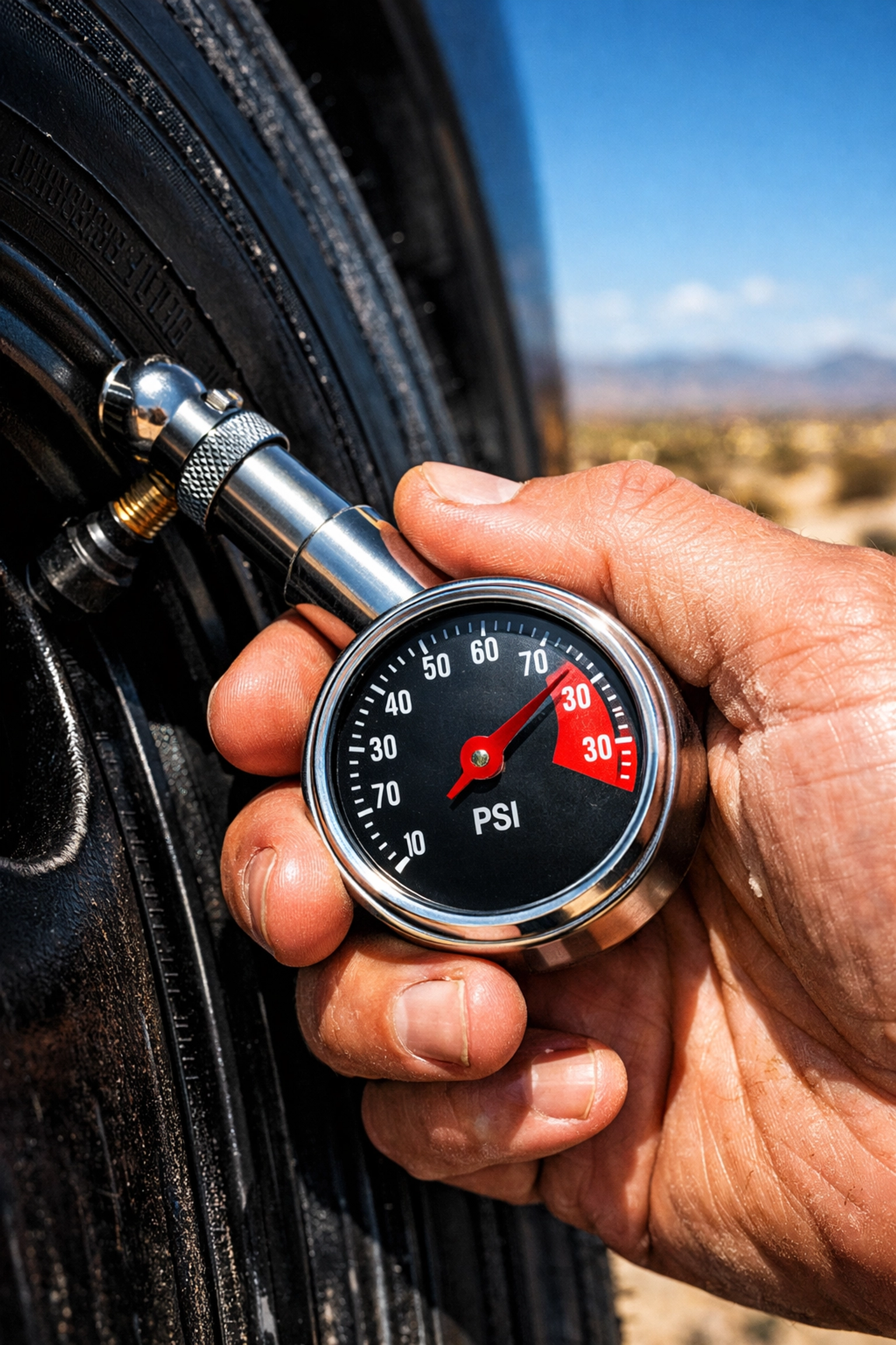 Checking tire pressure with a gauge in the Deming NM heat to prevent blowouts.