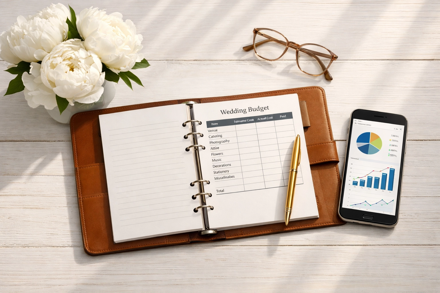 Wedding budget planner and financial tracking tools arranged on table with flowers and coffee